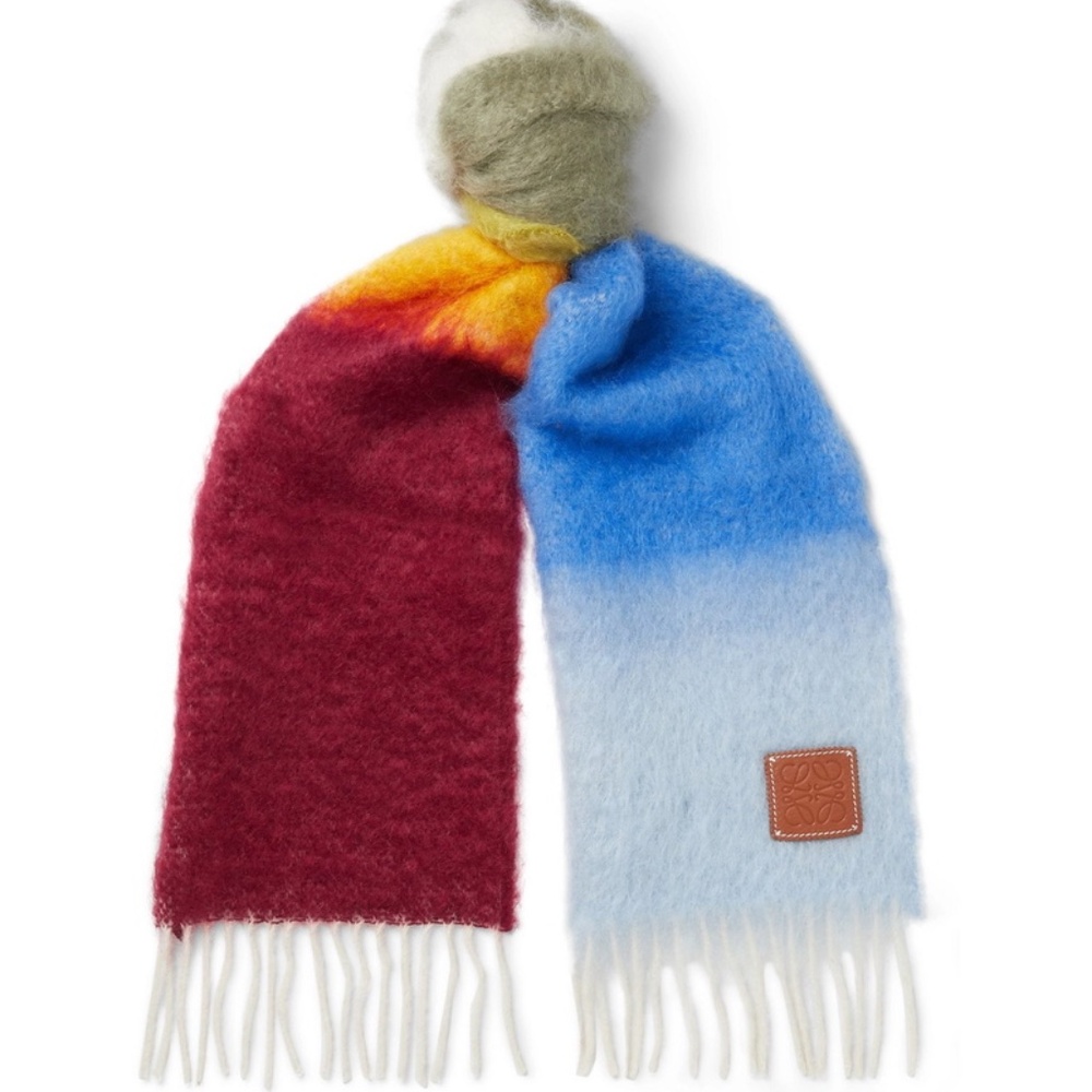 NWT Loewe - Logo-Appliquéd Colour-Block Fringed Mohair-Blend Scarf - Blue